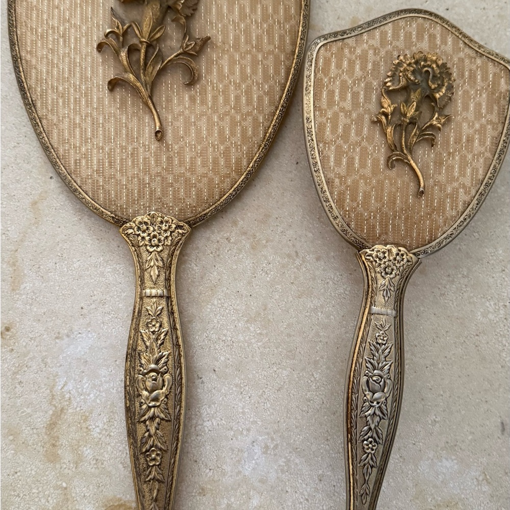 Elegant Gold Floral Mirror & Brush Set